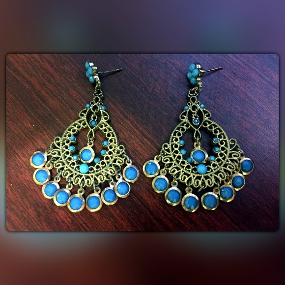 Blue & Gold Tone Vintage Style Chandelier Earrings - Picture 3 of 5